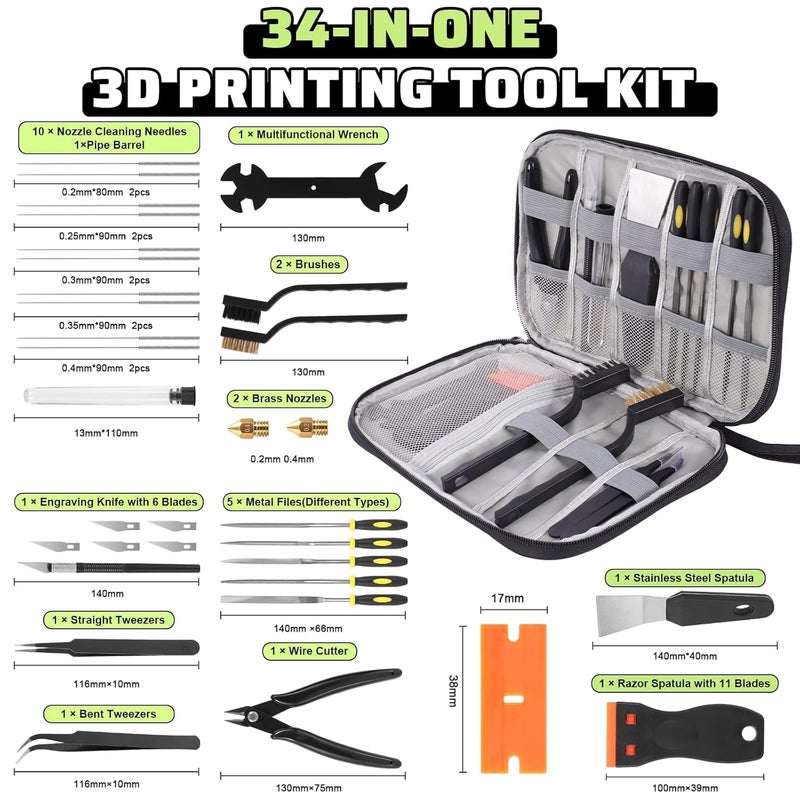 Intarsio 3D Printer Tools Kit, 34pcs 3D Printer Accessories for All FDM/SLA Printers Includes Nozzle Cleaning Tools, Removal Scrapers, Finishing Tools, 5 Types of Files,Brushes, Wire Cutter, Engraving Knife - Image 2